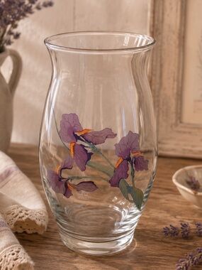 Hand-Painted Iris Crystal Glass Vase – Clear Floral
